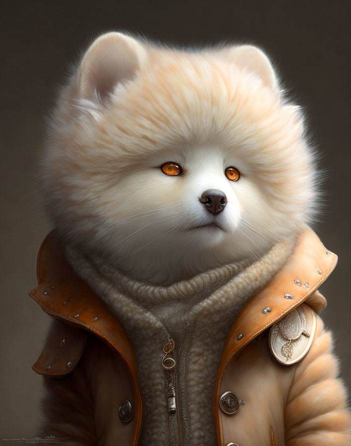 Fluffy White Dog Illustration with Amber Eyes in Leather Jacket