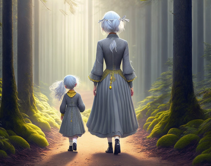 Silver-Haired Woman and Child Walking in Forest with Sunlight Filtering Through Trees