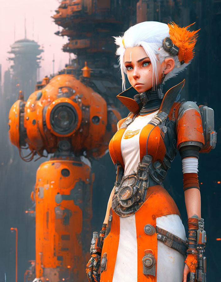 White-haired female character in futuristic armor with orange accessories against backdrop of robotic structures