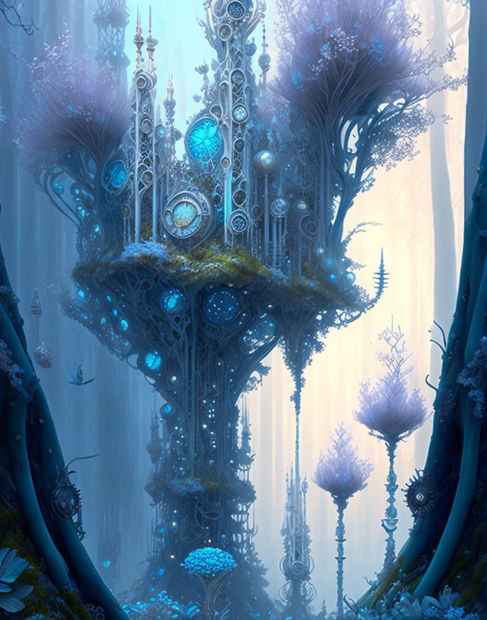 Intricate towers and orbs in mystical blue-violet forest