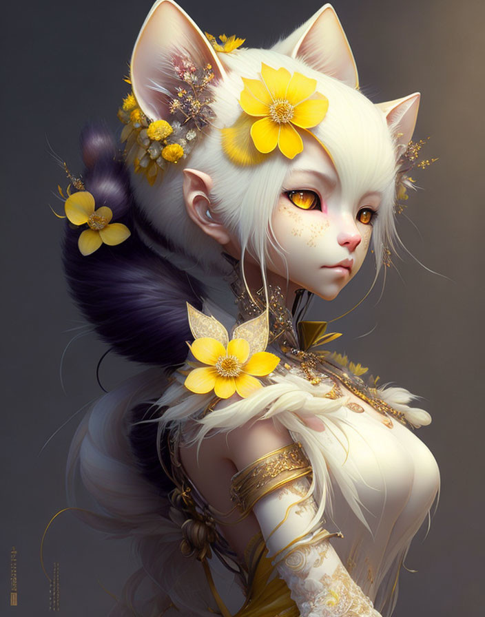 Illustration of humanoid creature with feline features and yellow flowers.