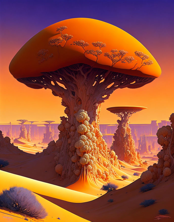 Vibrant surreal landscape with colossal mushroom-shaped structures in alien desert