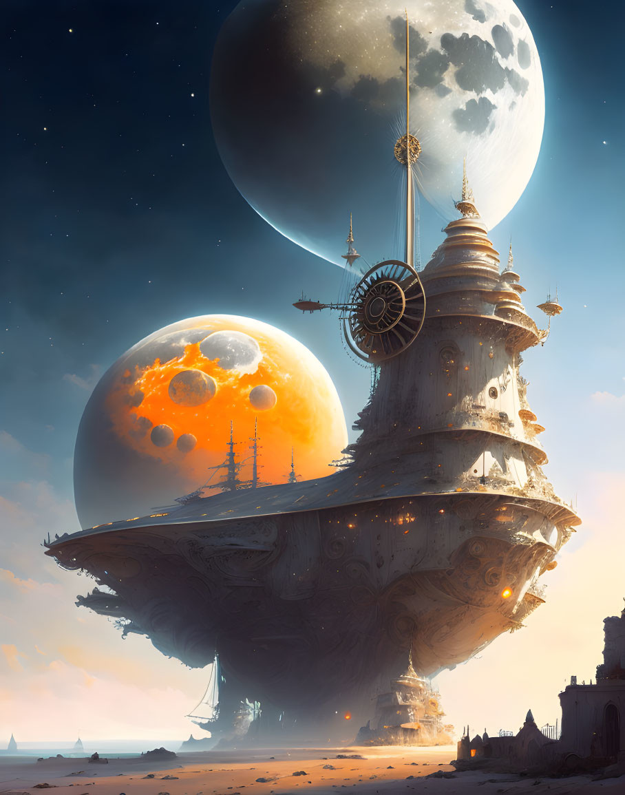 Ornate towers in a floating city under giant moons in a serene desert dusk