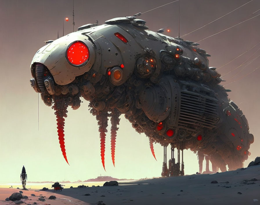 Gigantic futuristic mechanical structure with red eyes above barren landscape