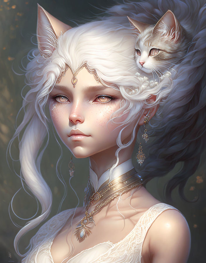 Fantasy illustration of woman with white cat ears and golden jewelry