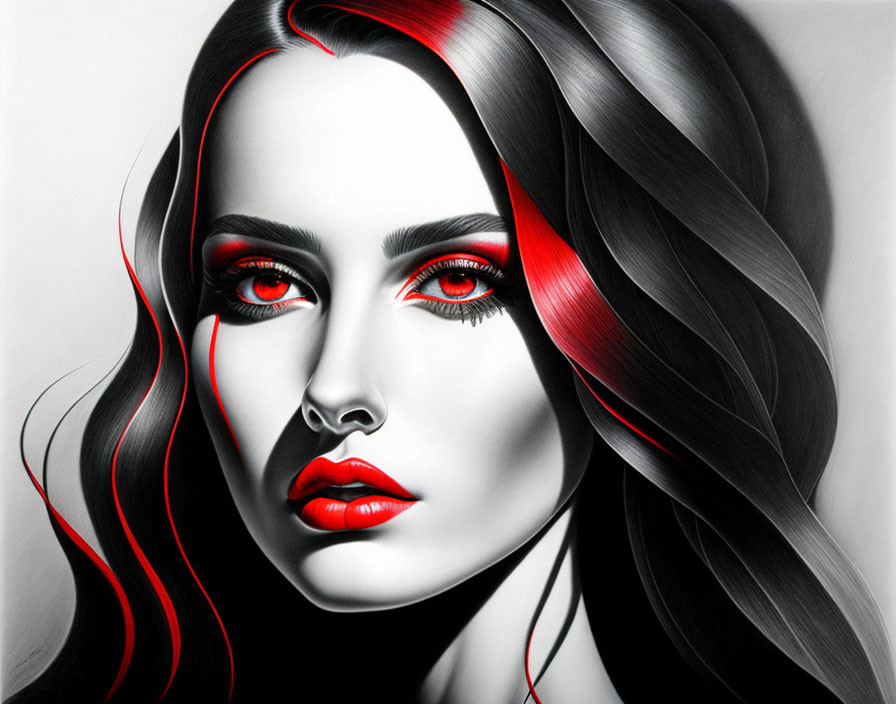 Monochromatic portrait of a woman with red accents