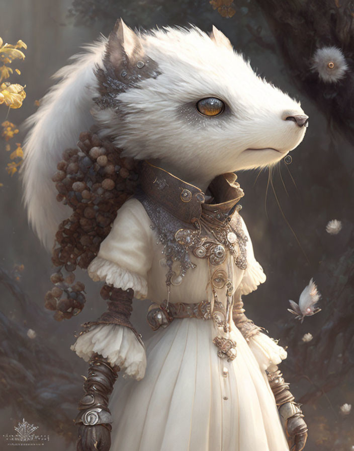 Elegant white ferret-like creature with golden eyes in nature-inspired attire