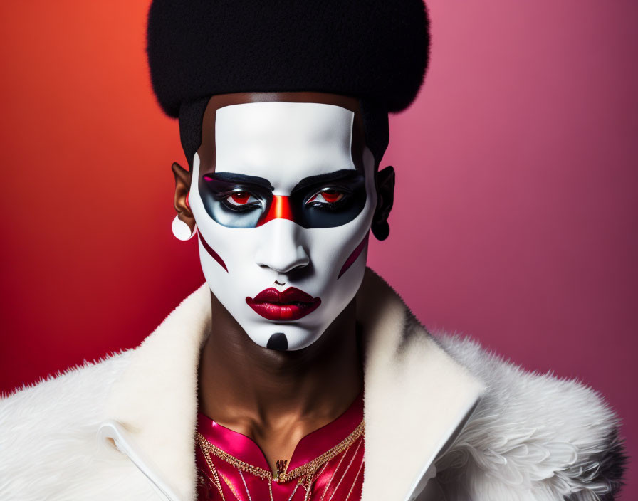 Person with white and black face paint and red makeup against gradient background