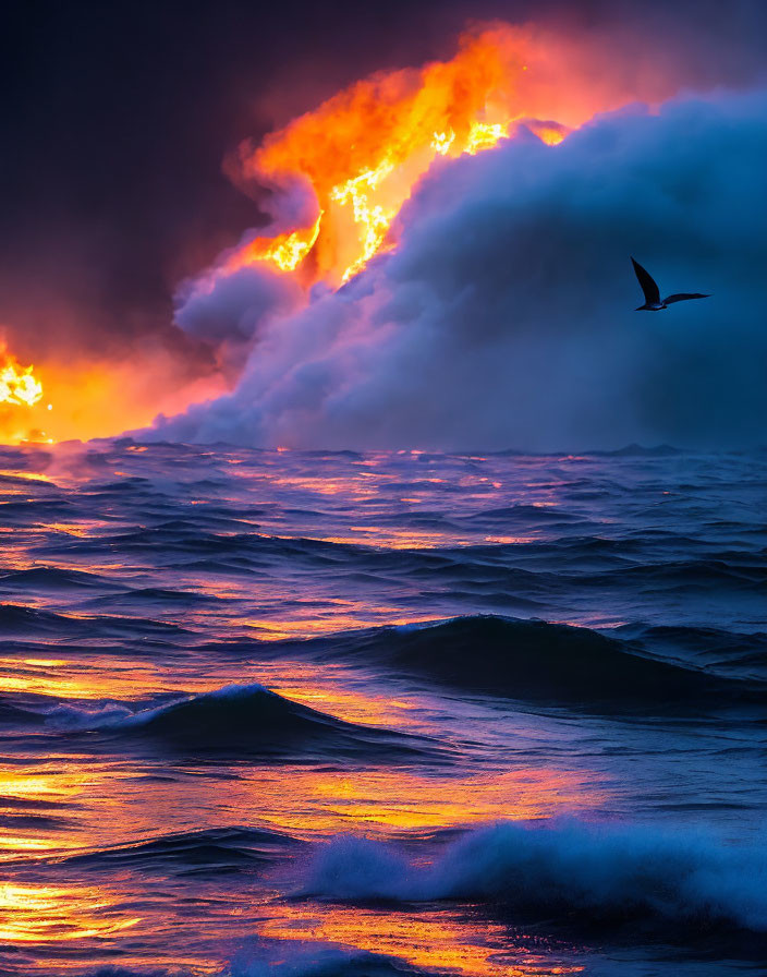 Fiery lava meets ocean at twilight with lone bird in flight