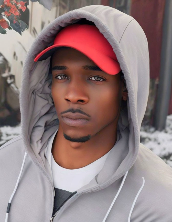 Young man in red cap and grey hooded jacket with subtle gaze and light beard.