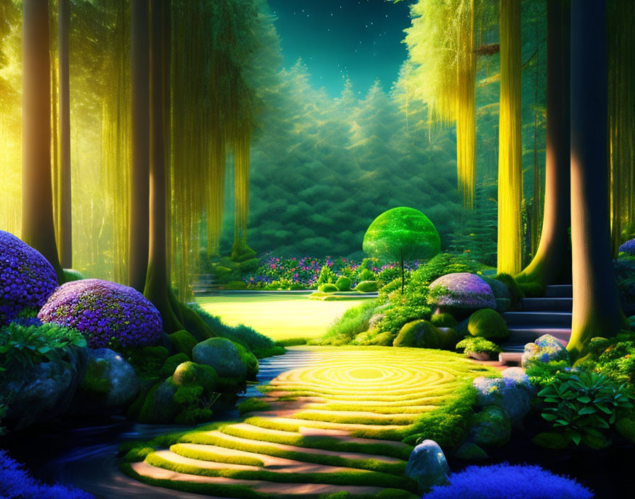 Enchanting forest scene with glowing trees, starry sky, vibrant plants, and serene river