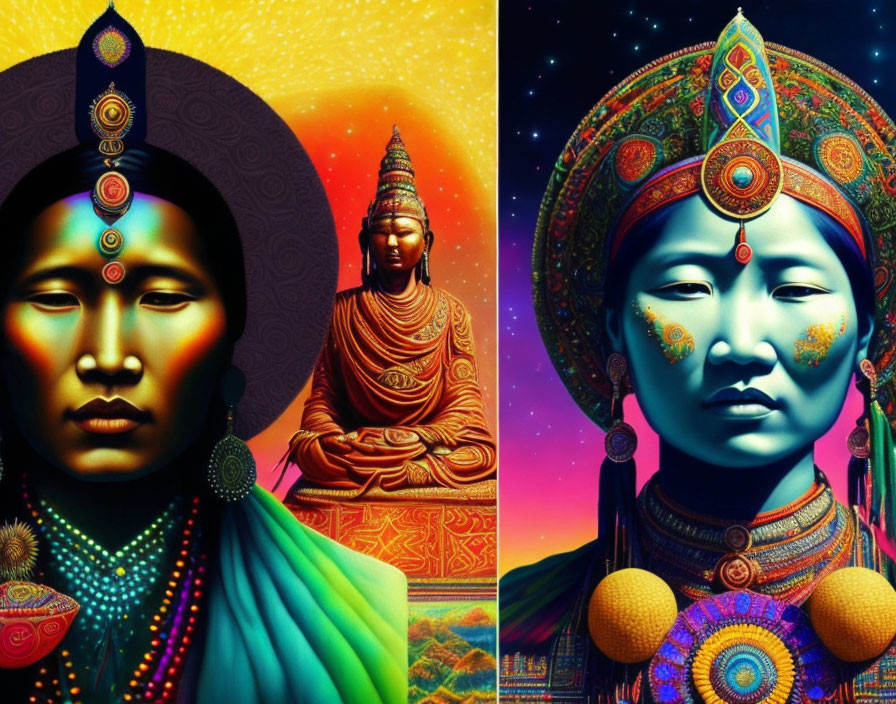 Colorful artwork: Asian figures in ornate attire with cosmic background.