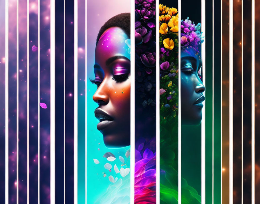 Colorful digital artwork featuring two women's profiles with floral theme and gradient.