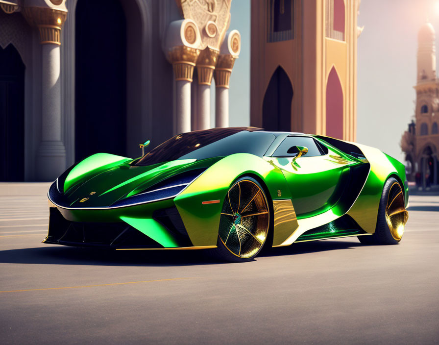 Vibrant green sports car with gold accents parked in front of traditional buildings