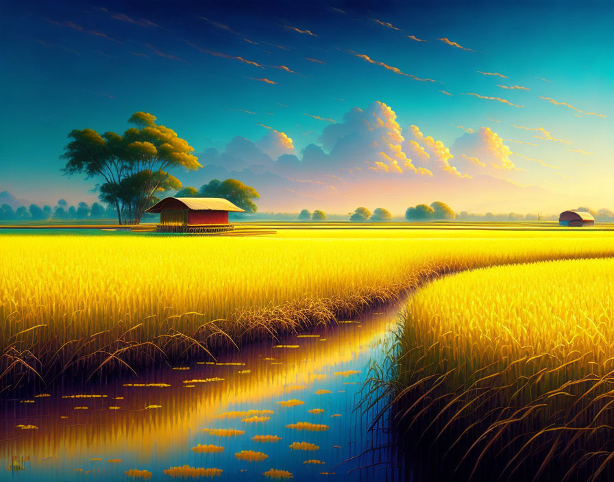 Golden rice field, stream, huts, trees, and dramatic sky at dusk