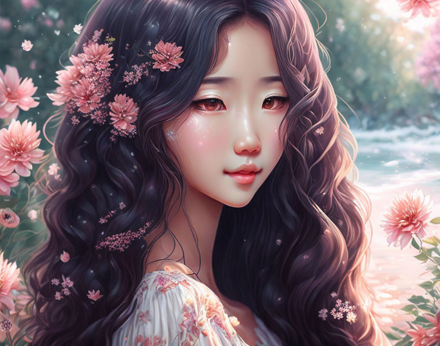 Young woman with wavy hair and pink flowers in illustrated portrait