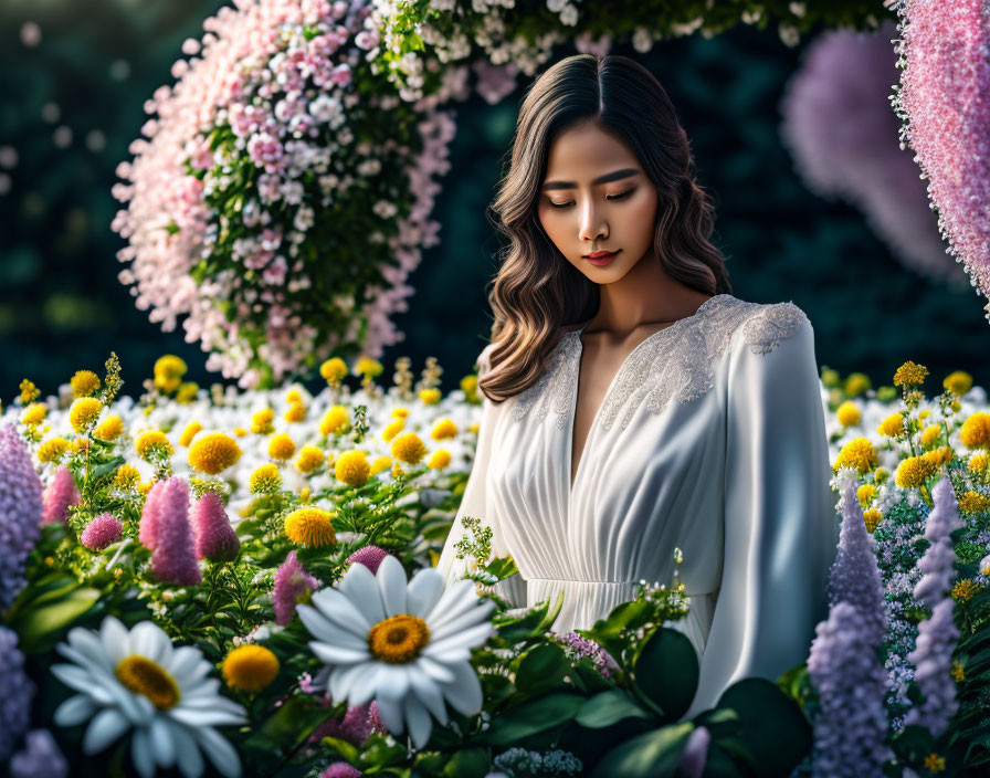 Woman in White Dress Surrounded by Colorful Garden Flowers