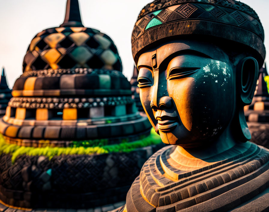 Serene stone Buddha statue with intricate patterns against temple stupas at sunset