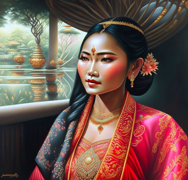 Traditional South Asian Attire Woman Painting in Serene Nature