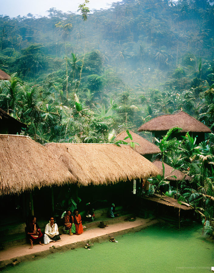 Thatched-Roof Houses Surrounded by Greenery and People Sitting peacefully