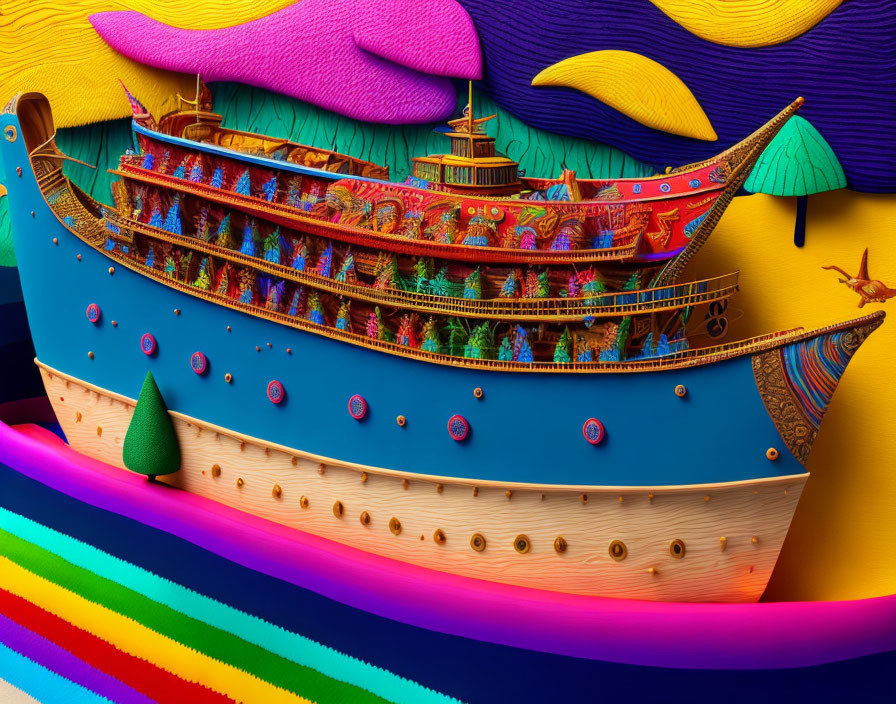 Vibrant digital artwork: ornate ship with dragon design on colorful sea.