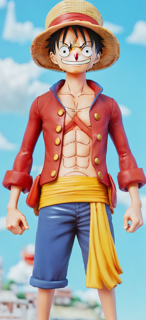 Anime character with straw hat, red jacket, blue shorts, and scar under eye in sunny setting