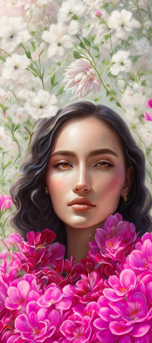 Digital illustration: Woman with wavy hair and pink flowers on soft background