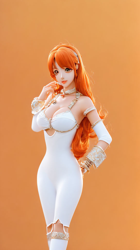 Orange-haired figure in intricate white and gold attire on orange backdrop