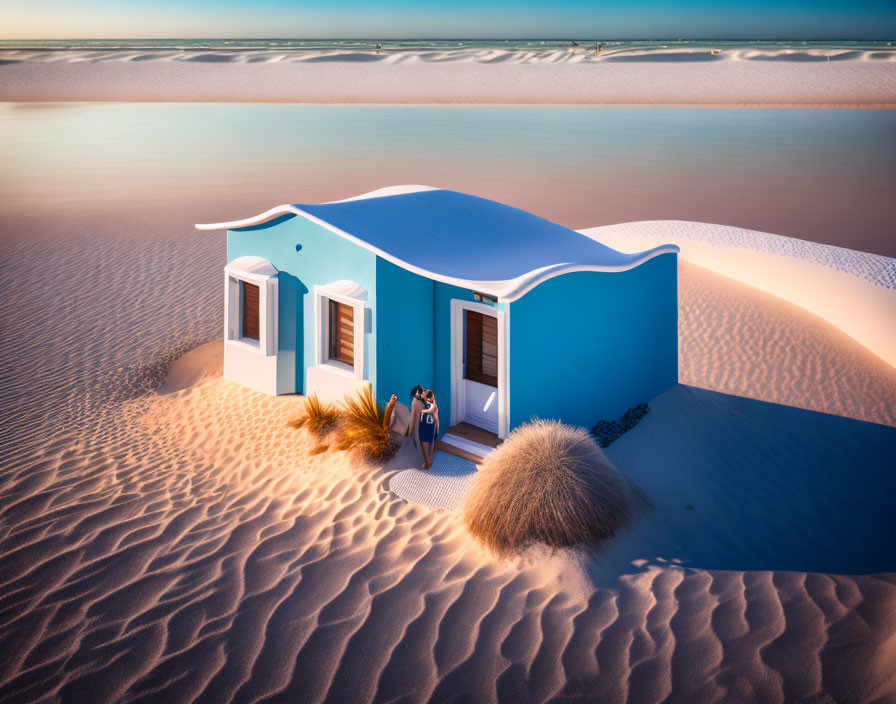 Blue house half-buried in sand dunes with person at entrance at sunrise or sunset