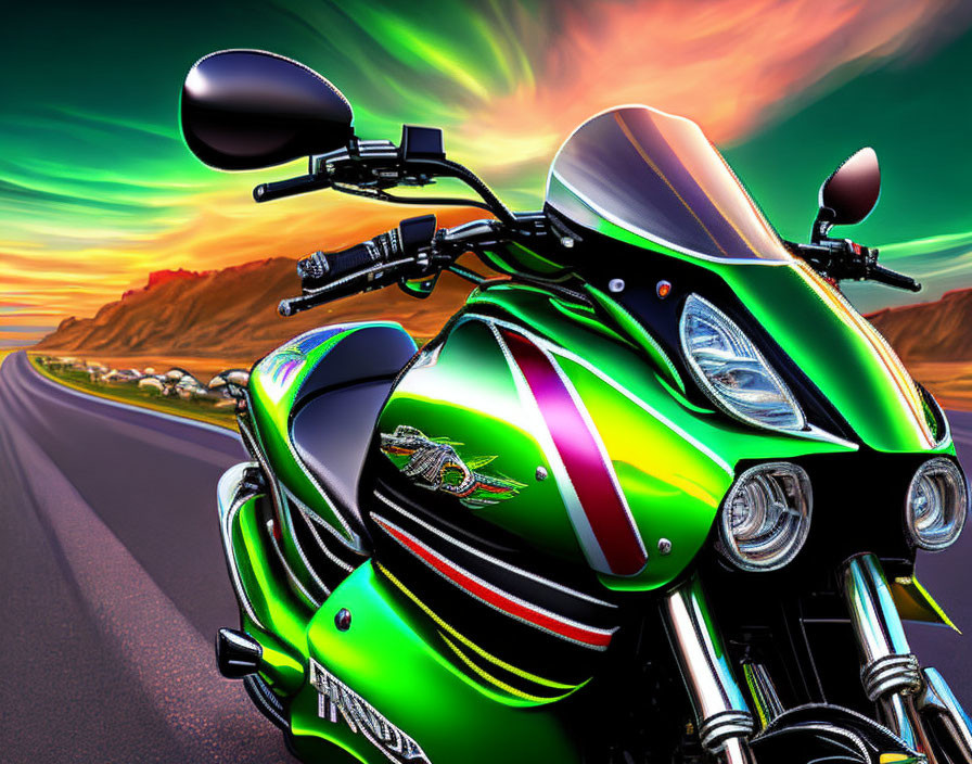 Green and Black Motorcycle with Chrome Details on Road at Dusk