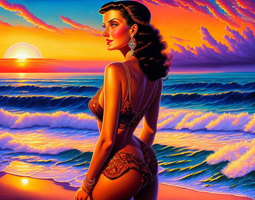 Vibrant sunset beach scene with stylized woman silhouette