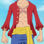 Anime character with straw hat, red jacket, blue shorts, and scar under eye in sunny setting