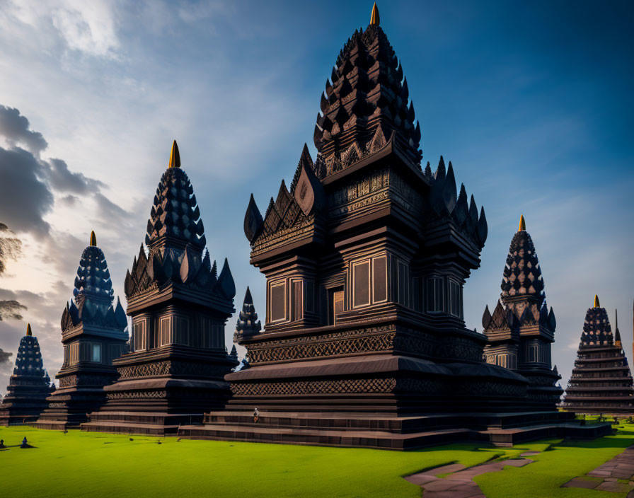 Ornate black spires under dramatic twilight sky with person walking on green lawn