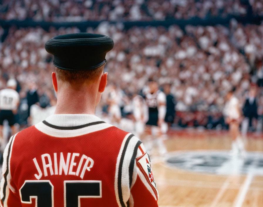 Sports fan in "Jriner" jersey at basketball game