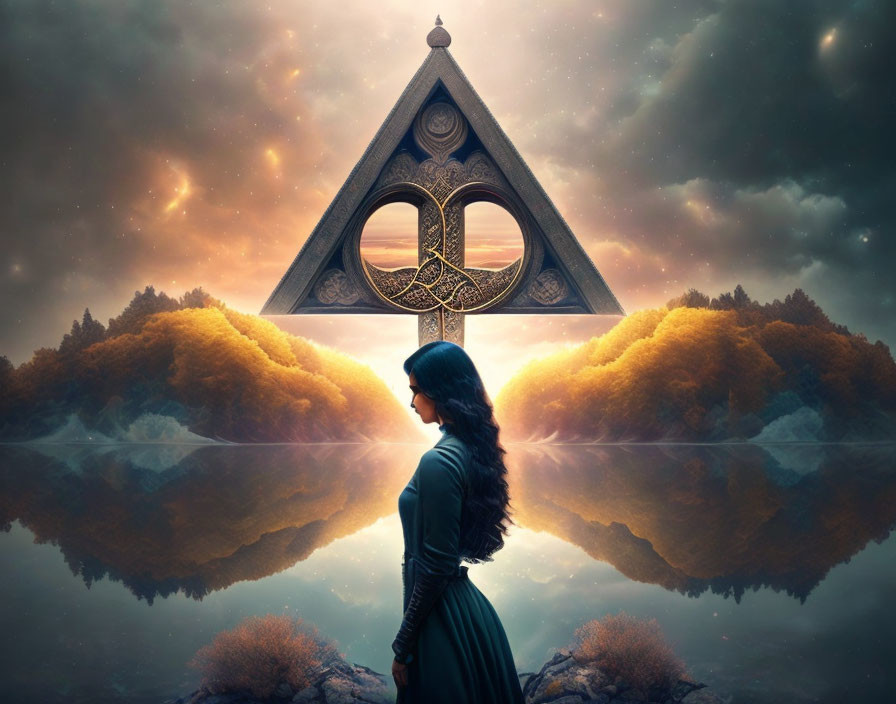 Surreal twilight scene with floating triangular portal and mirror-image clouds.