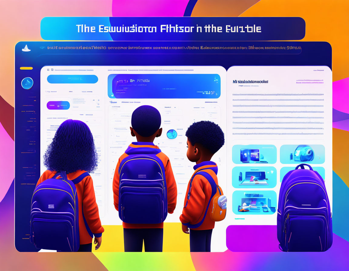 Three cartoon characters with backpacks viewing futuristic data screens