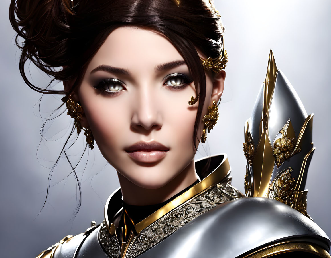 3D Rendered Woman in Elaborate Fantasy Armor and Golden Adornments