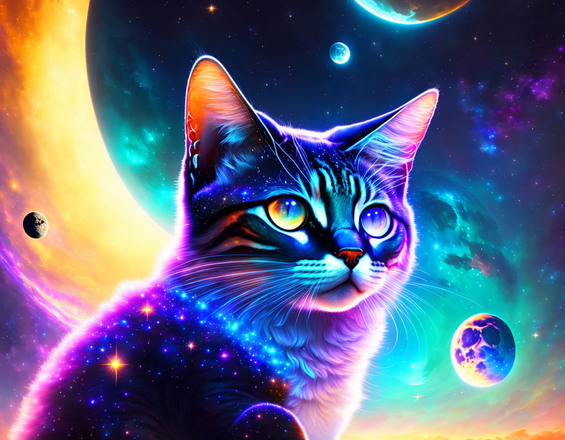 Colorful Cosmic Cat Artwork with Galaxies and Planets in Fur