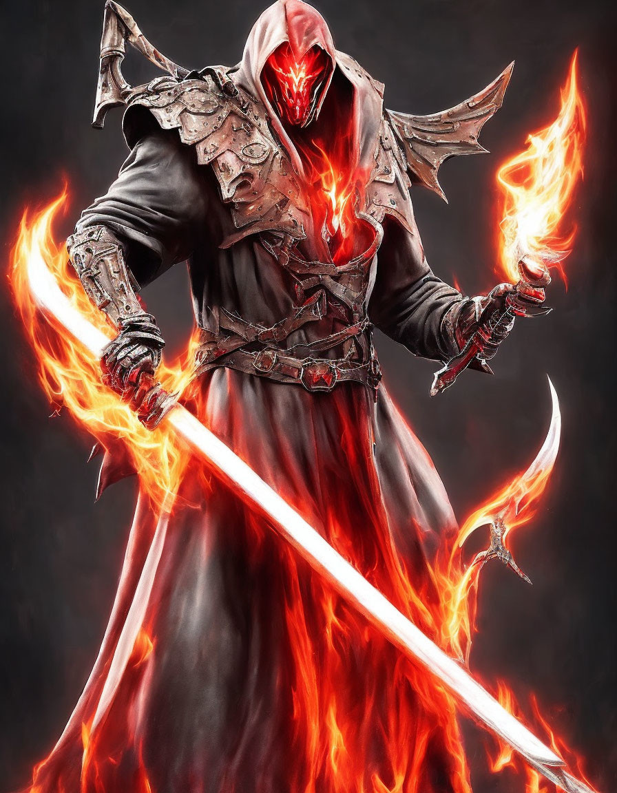 Sinister figure with flaming sword and glowing eyes