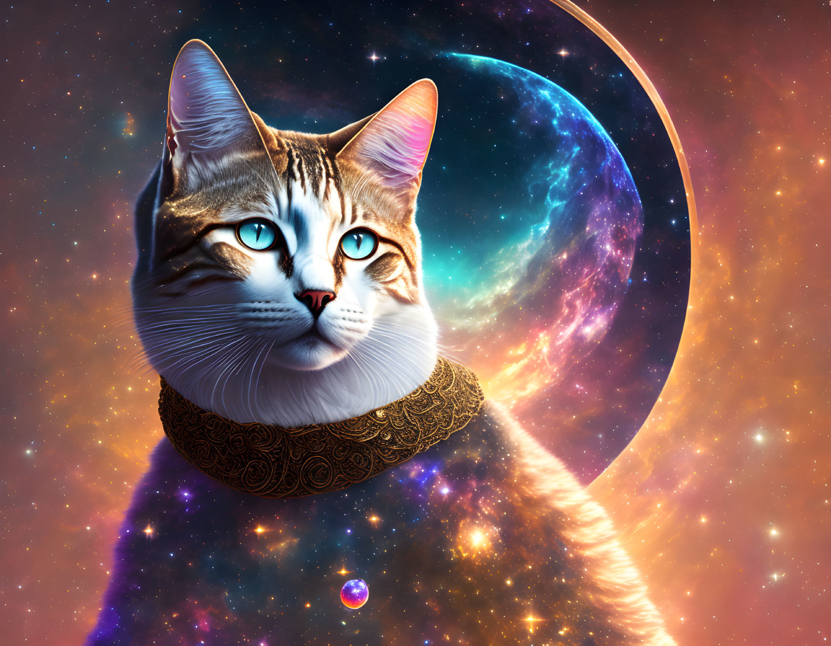 Cosmic surreal image: Cat with decorative collar on galaxy backdrop