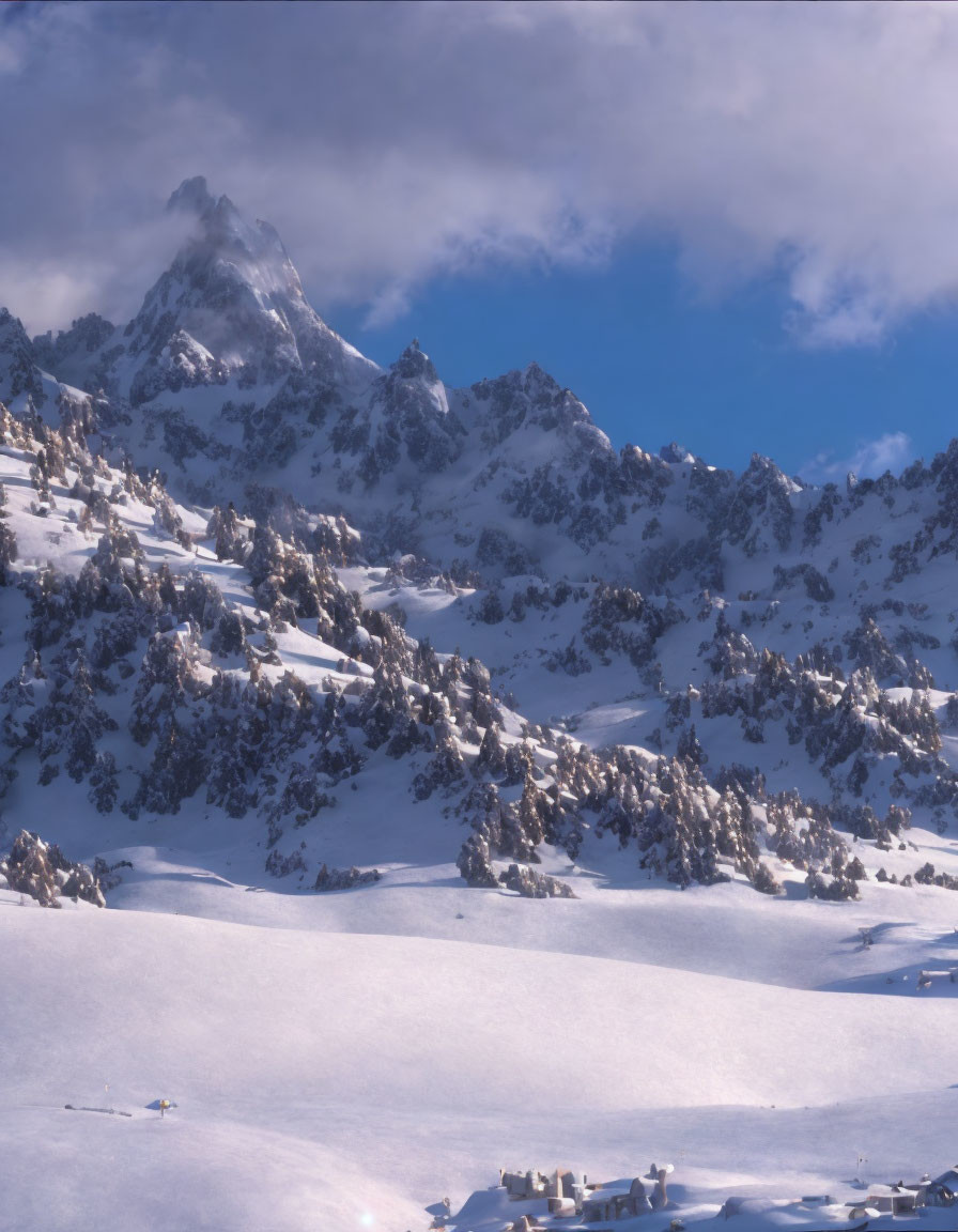 Scenic snow-covered mountain landscape with village and pine trees