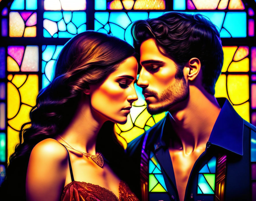 Models posing intimately with vibrant stained glass background, woman in brown dress, man in blue shirt, faces