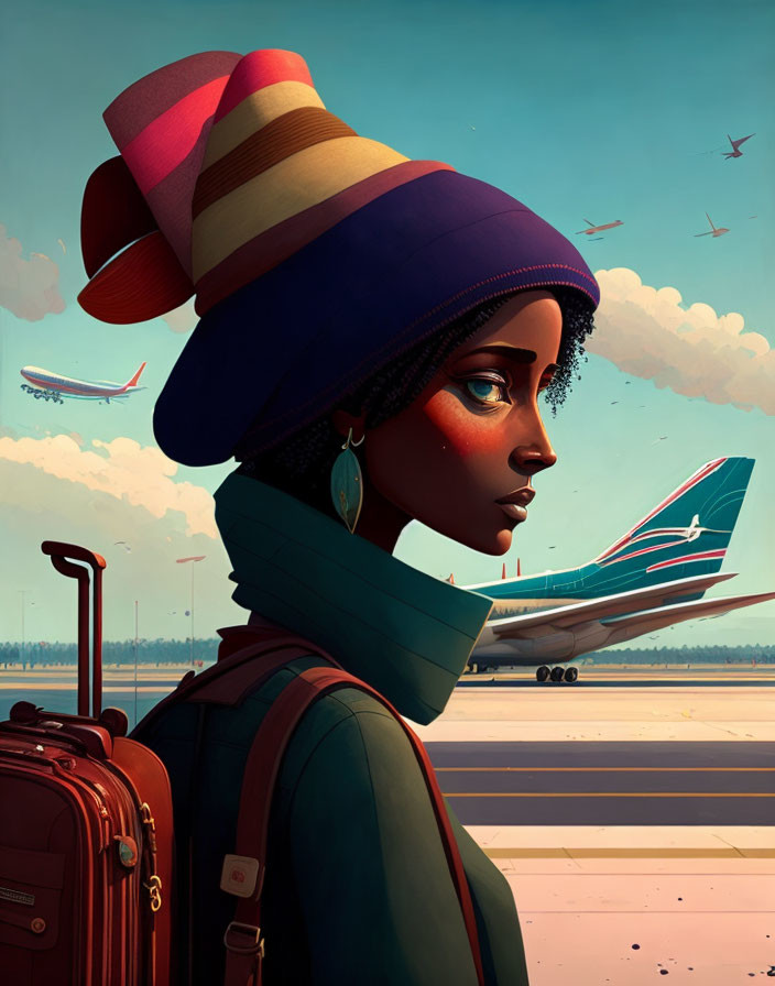 Colorful Hat Woman Illustration at Airport with Luggage and Planes