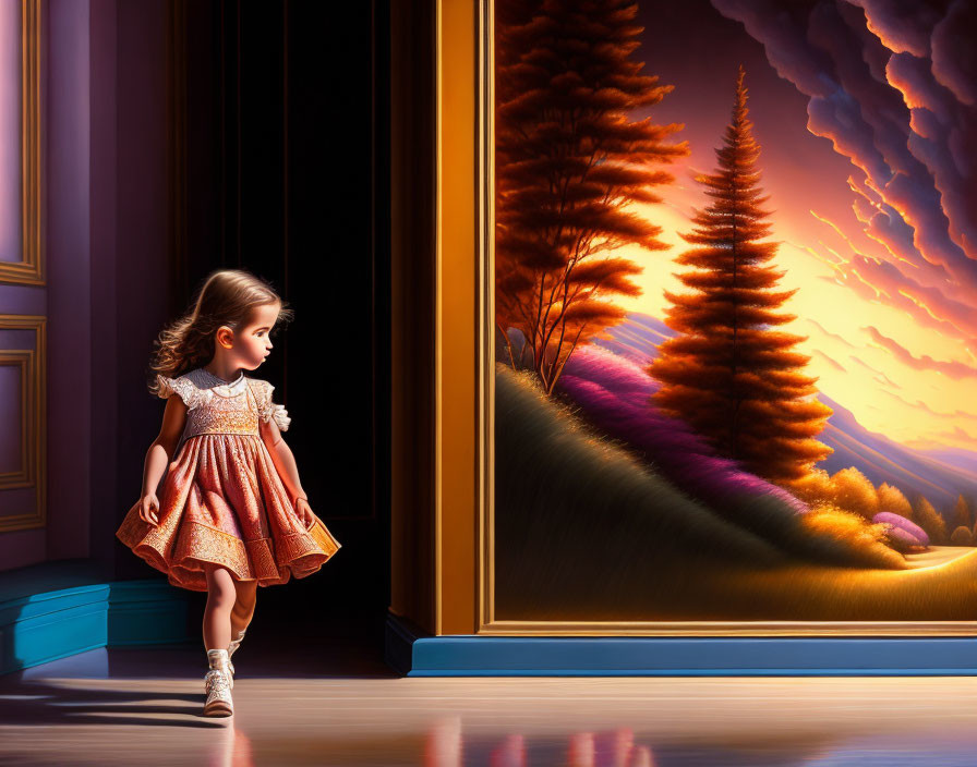 Young girl in dress enters vibrant whimsical landscape at sunset