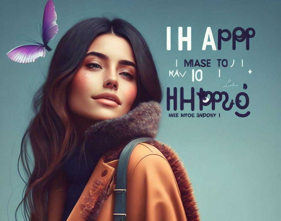 Digital illustration: Woman with dark hair, fur collar jacket, purple butterfly, stylized text.