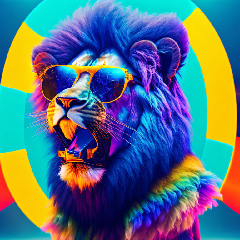 Colorful Lion Head with Sunglasses on Multicolored Background