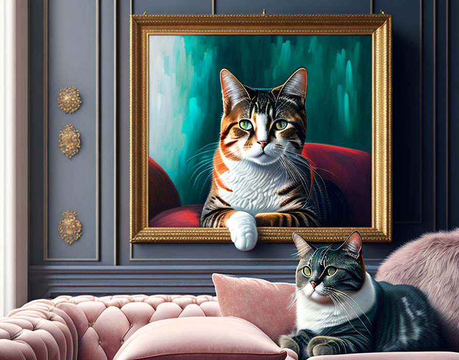 Realistic Tabby Cat Painting Above Plush Sofa with Live Cat lounging