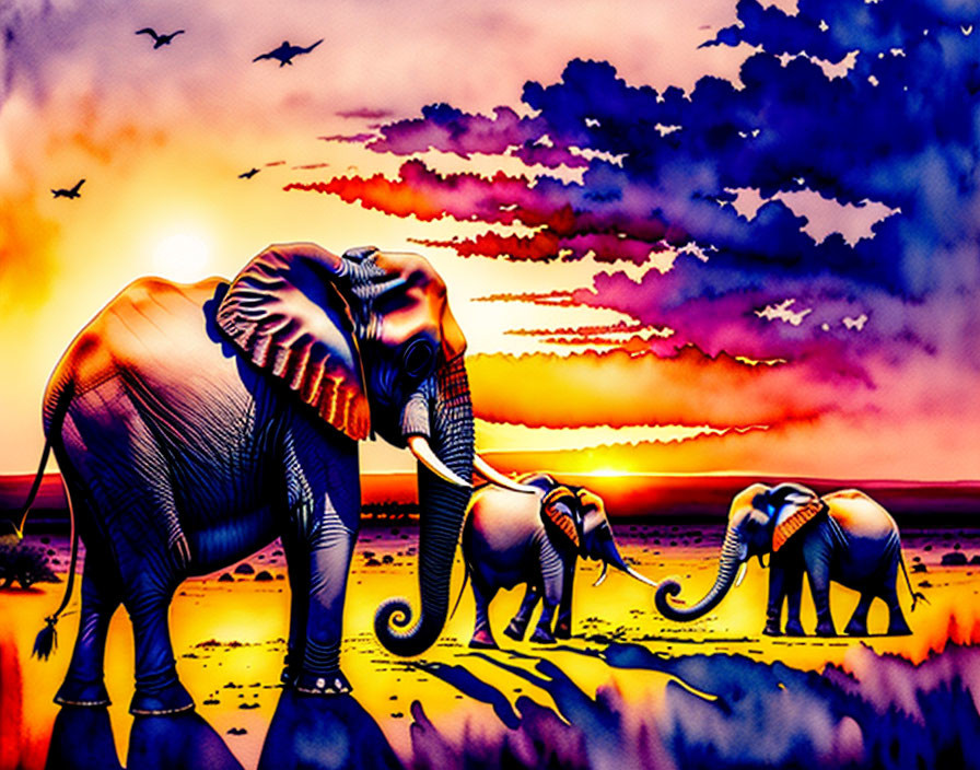 Elephants Walking at Sunset with Birds in Vibrant Illustration