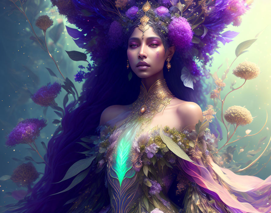 Ethereal woman with floral and feather headpiece and peacock accent