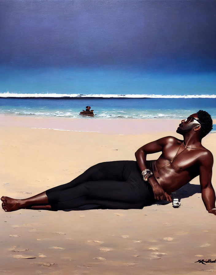 Man in Black Pants Relaxing on Sandy Beach with Boat in Background